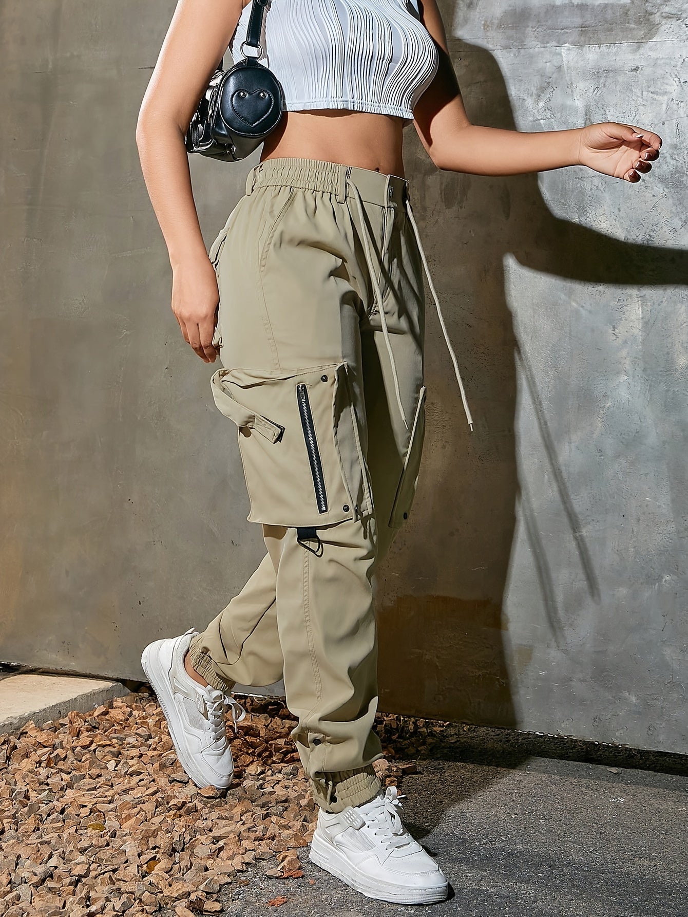 1pc Women'S Casual Cargo Pants, Polyester, Solid Color, All-Season Tapered Leg Workwear, 140g/m² Woven Fabric with 3D Pockets
