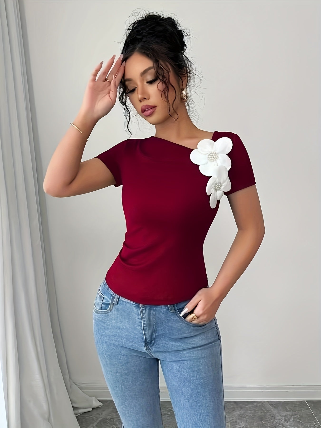 Women's Elegant 3D Floral Applique Knit Top - 100% Polyester, Medium Stretch, All-Season Versatile Black Shirt for Casual & Formal Outfits, Floral Print Blouse