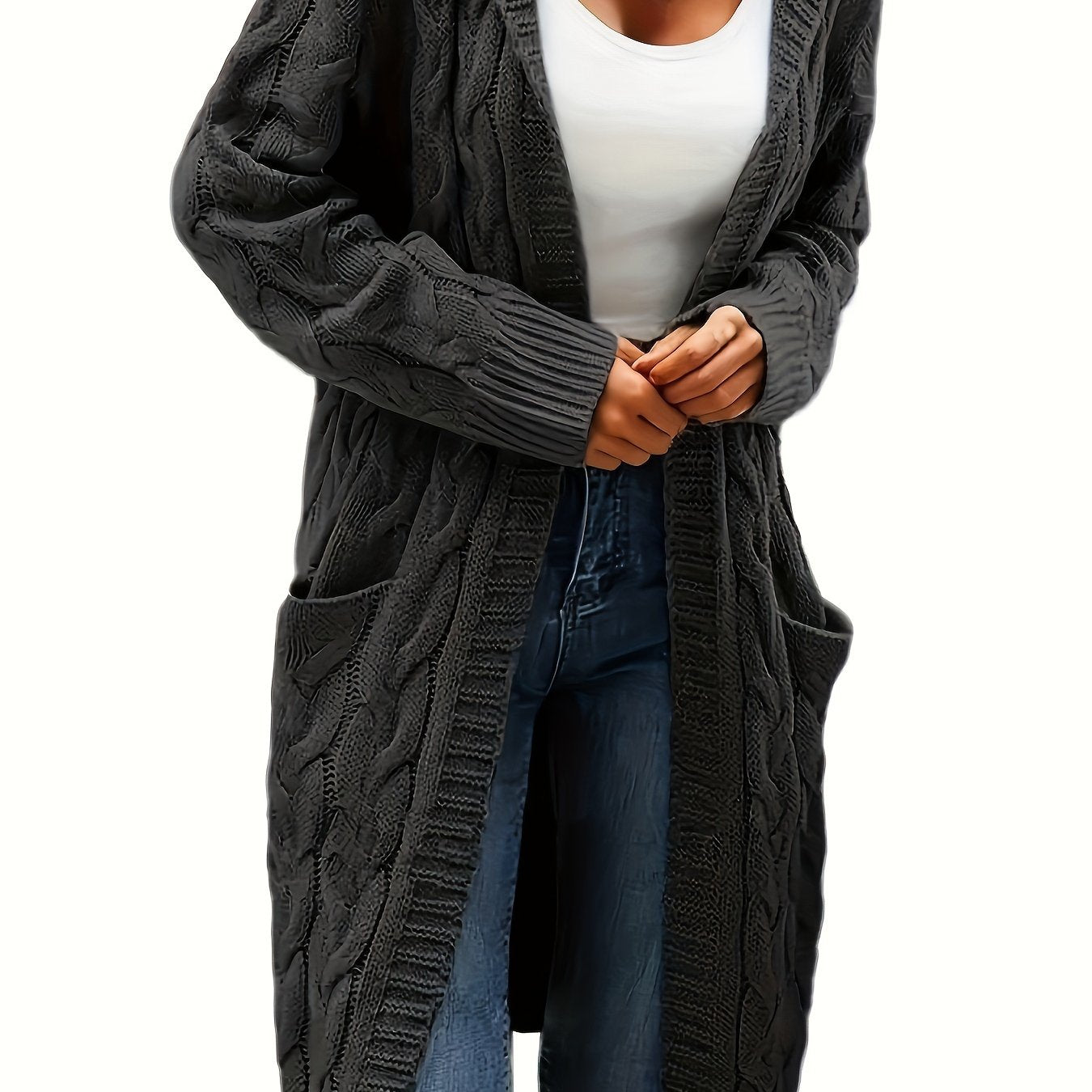 [Open Front] Women's Casual Cardigan - Black Cable Knit, Long Sleeve, Open Front with Pockets - Relaxed Fit for Fall/Winter