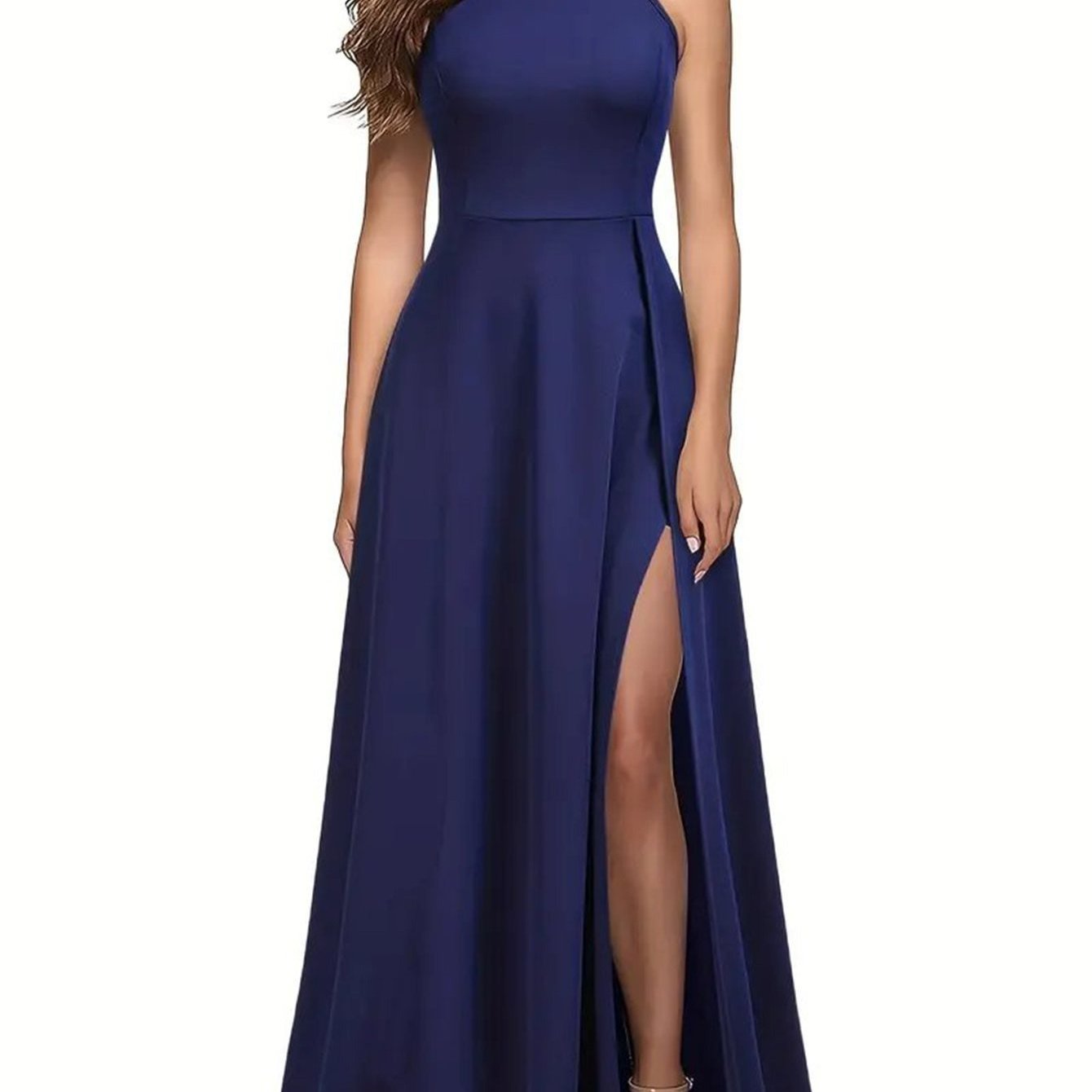 Long formal dress, slit thigh high waist long dress, elegant sleeveless round neck dress, suitable for parties and banquets
