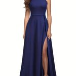 Long formal dress, slit thigh high waist long dress, elegant sleeveless round neck dress, suitable for parties and banquets