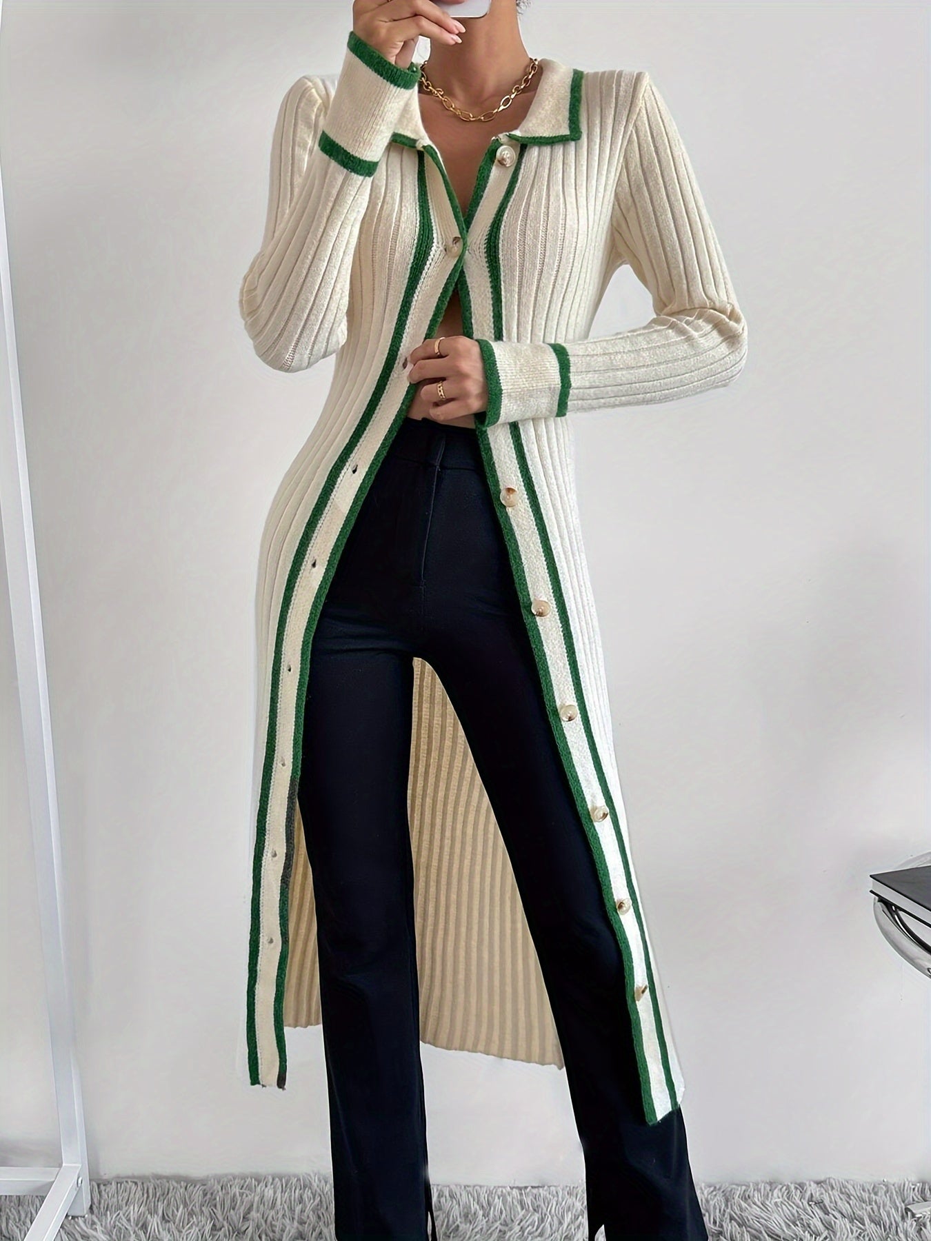 Stylish Contrast Trim Button Front Cardigan - Elegant Long Sleeve, Slim-Fit, Collar Detail, Versatile Dress for Spring & Fall Seasons, Women's Clothing for Everyday Wear