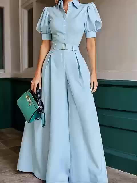 Women's Mint Green Collar Loose-Fit Jumpsuit - Summer Solid Color Machine-Washable Jumpsuit for Casual & Professional Outfits, Professional Attire | Wideleg Outfit | Nonstretch Fabric, Ladies Jumpsuits