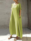 Women's New Summer Round Neck Short Sleeve Loose Dress with Pocket, Elegant and Pure Color Mid-Long Casual Skirt