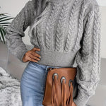 Elegant Women's Cable Knit Sweater - Solid Color, Round Neck, Long Sleeve Pullover for Fall/Winter