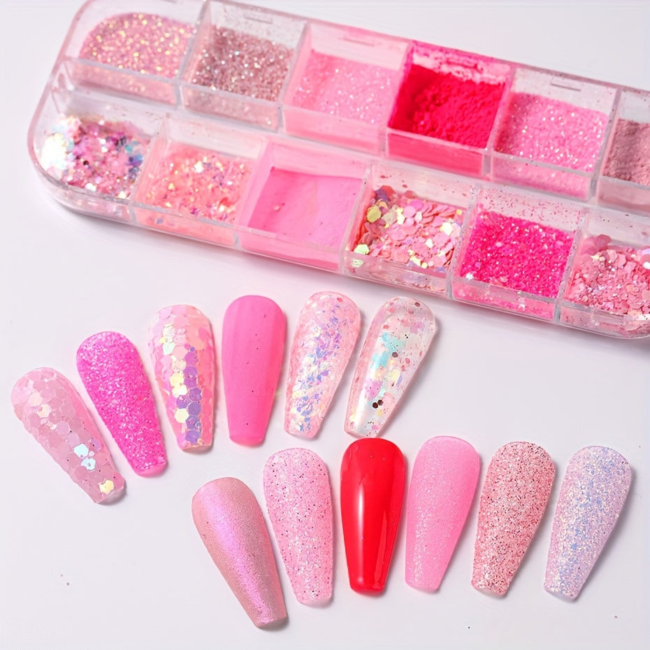 FULL BEAUTY 12 Grids Pink Glitter Nail Flakes, Holographic Hexagon Irregular Sequins, Sliced Sparkly Crystal Pigment Powder for Manicure Decoration, Hypoallergenic Rectangle Shape, Nail Charms
