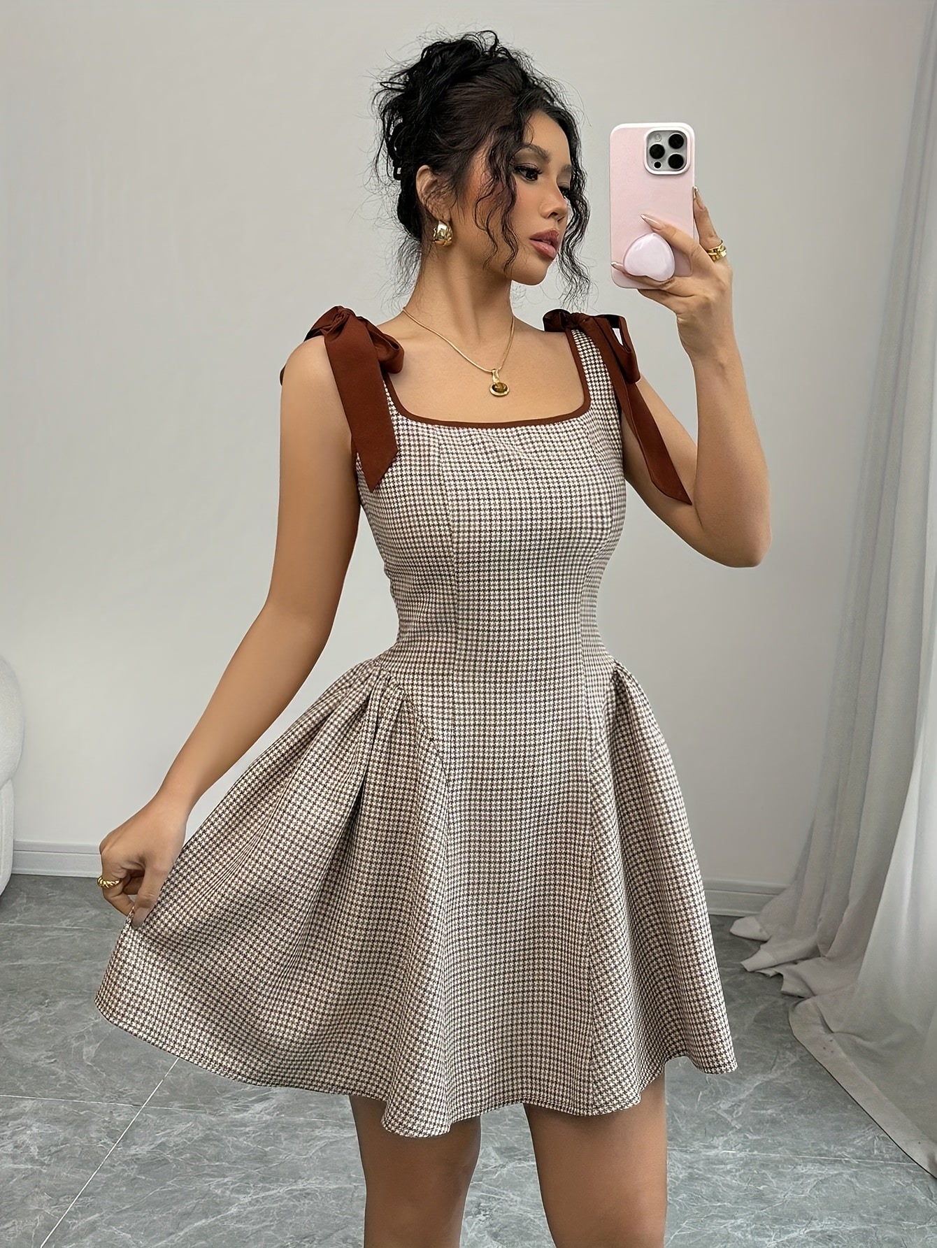 Elegant Women'S Plaid A-Line Dress, Square Neck, Fitted, Lace Up, Woven Polyester, 230g/m², with Cat Ear Design, for Adult, Summer