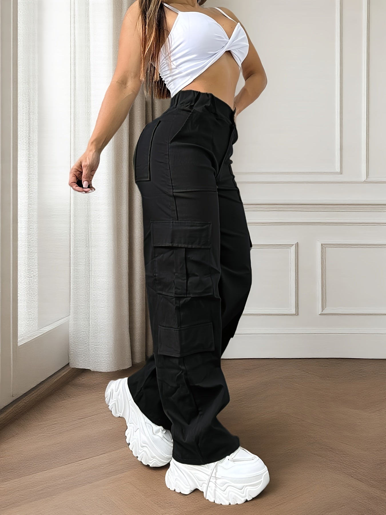 Women's Olive Green Cargo Pants with Multi-Pocket Design - Casual Flap Pockets, High Waist, Wide Leg, Street Style for Casual Attire