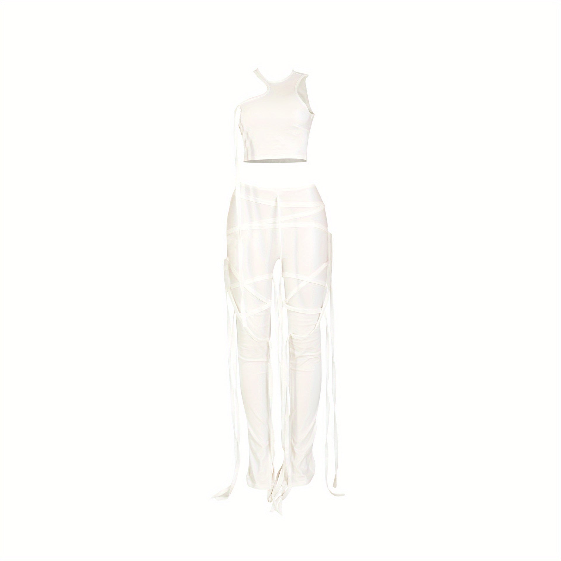 Chic Solid Two-piece Outfit Set - Trendy Asymmetrical Sleeveless Top & Slim-Fit Pants - Flattering Womens Wardrobe Essential