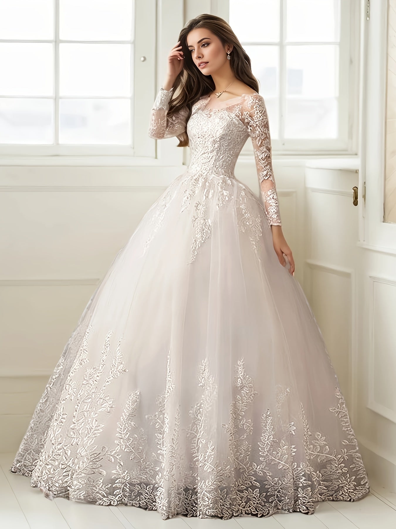 Elegant Off-Shoulder A-Line Wedding Dress with Lace Embroidery, Long Sleeve Floor-Length Bridal Gown for Women, Perfect for Weddings and Formal Events, Party Attire | Offshoulder Design | Glossy Texture