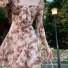 Purple Square Collar Floral Chiffon Women's Long Sleeve Printed Waist-controlled Elegant Dress