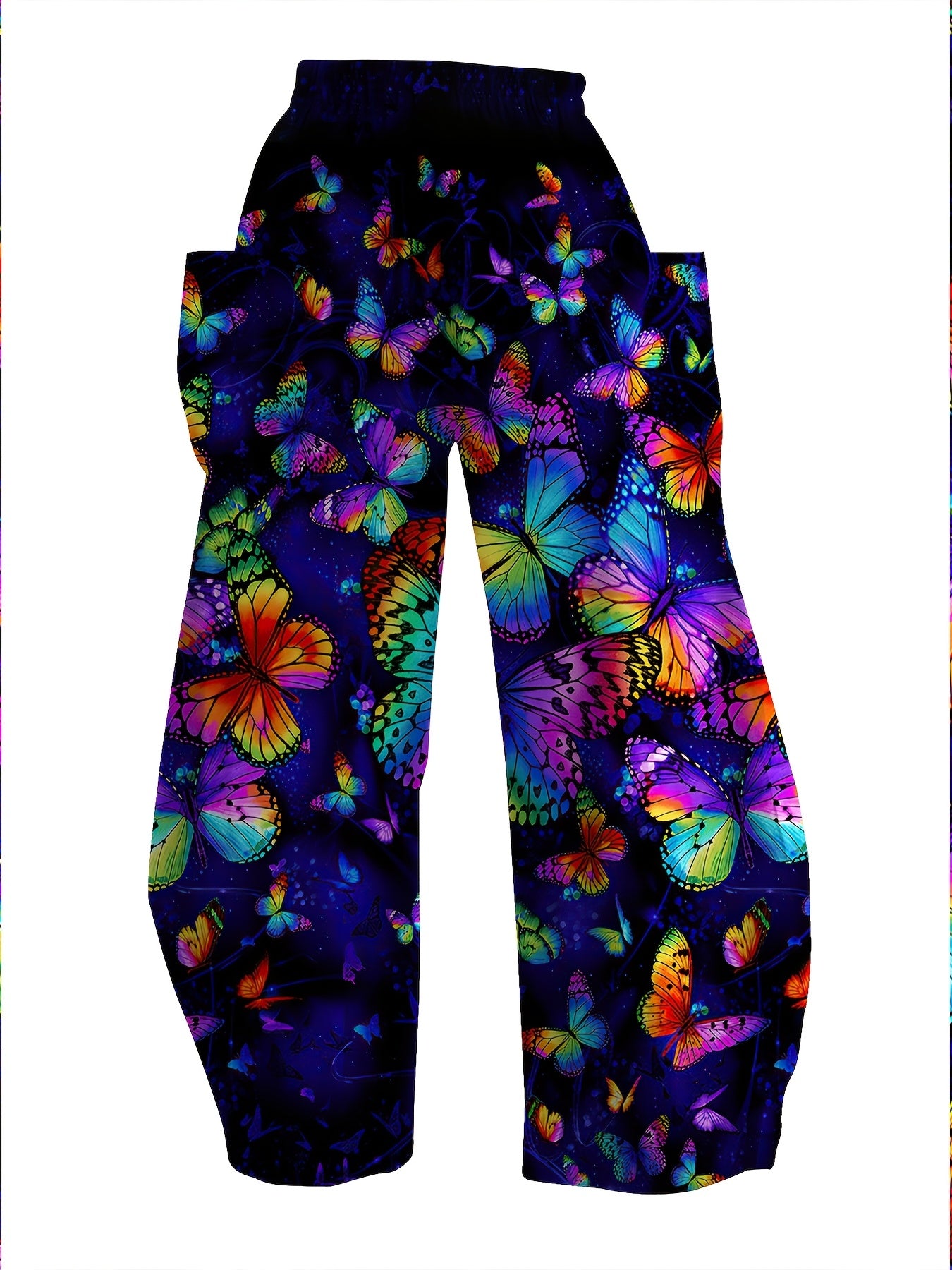 Women'S Butterfly Print 3D Wide Leg Palazzos, Casual Elastic Waist Loose Fit Pants with Pockets, All-Season Polyester 100% Long Length, Non-Stretch Woven Fabric, 120g/m² - Weekend Casual Wear