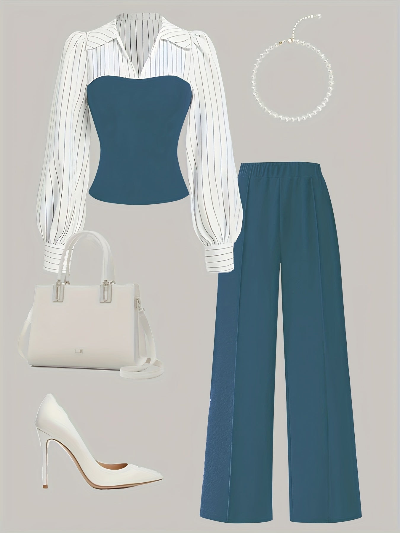 Women's Casual Elegant Two-Piece Set with Color Block Stitched Shirt and Wide-Leg Pants Suitable for All Seasons, Machine Washable, Striped V-Neck Long Pants Outfit, Accessories Not Included