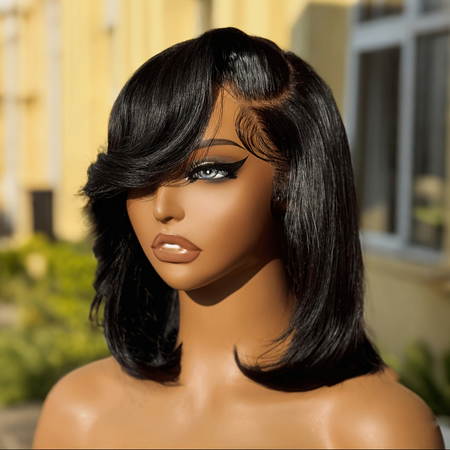 UNice 4x4 Lace Closure Bob Human Hair Wig with Side-Swept Bangs - 150% Density, Pre-Plucked Natural Hairline, Adjustable Fit, Curly/Styleable, Soft & Comfortable for Men & Women, Special Occasion Wig | Sleek Black Wig | Durab