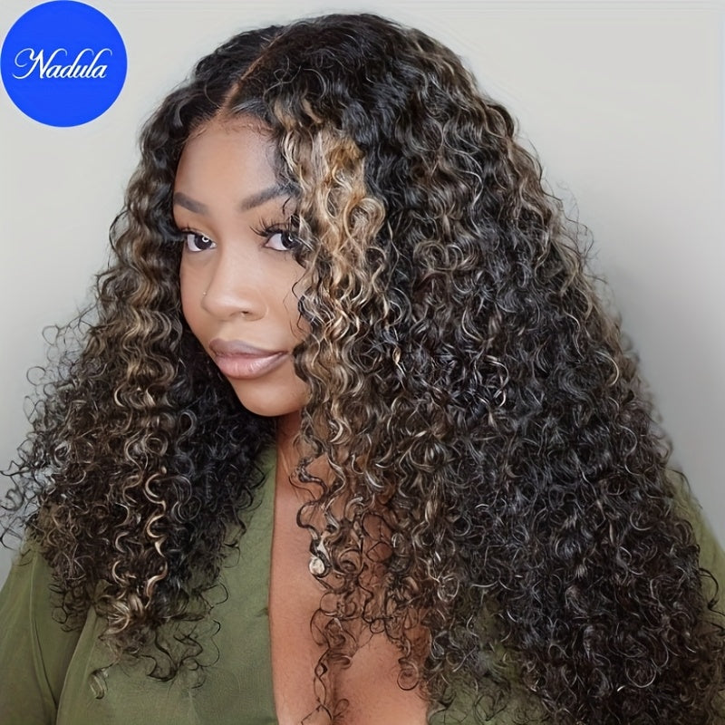 Nadula Glueless Lace Front Wig 7x5 Lace Invisible Knots Human Hair Black And Blonde Highlights 4C Curly Put On And Go Pre Cut Lace Closure Wig 200% Density with Babyhair