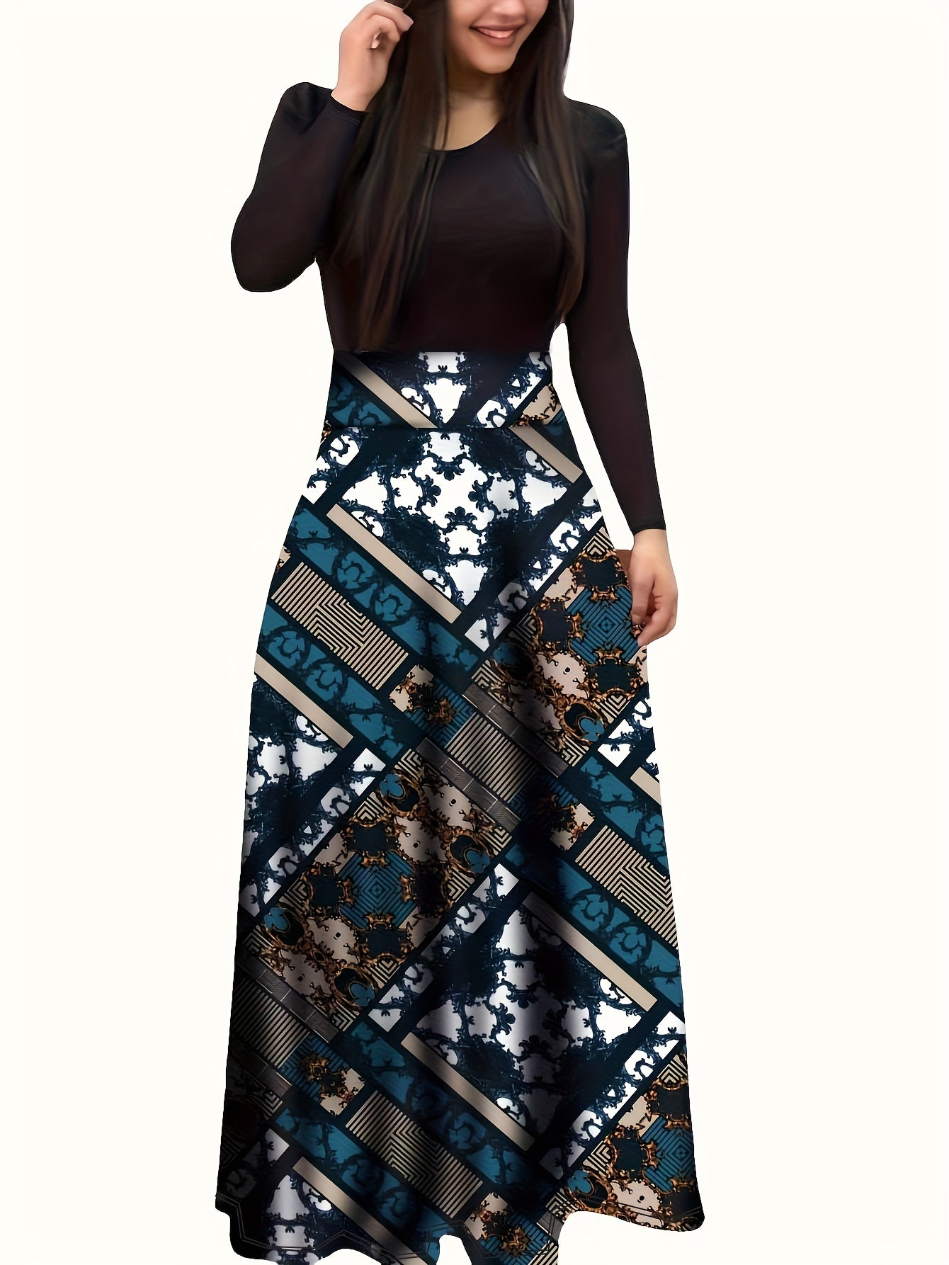 Stunning Floral Print Maxi Dress - Women's Elegant Long Sleeve Crew Neck Splicing Dress for Spring & Fall - Perfect for Various Occasions