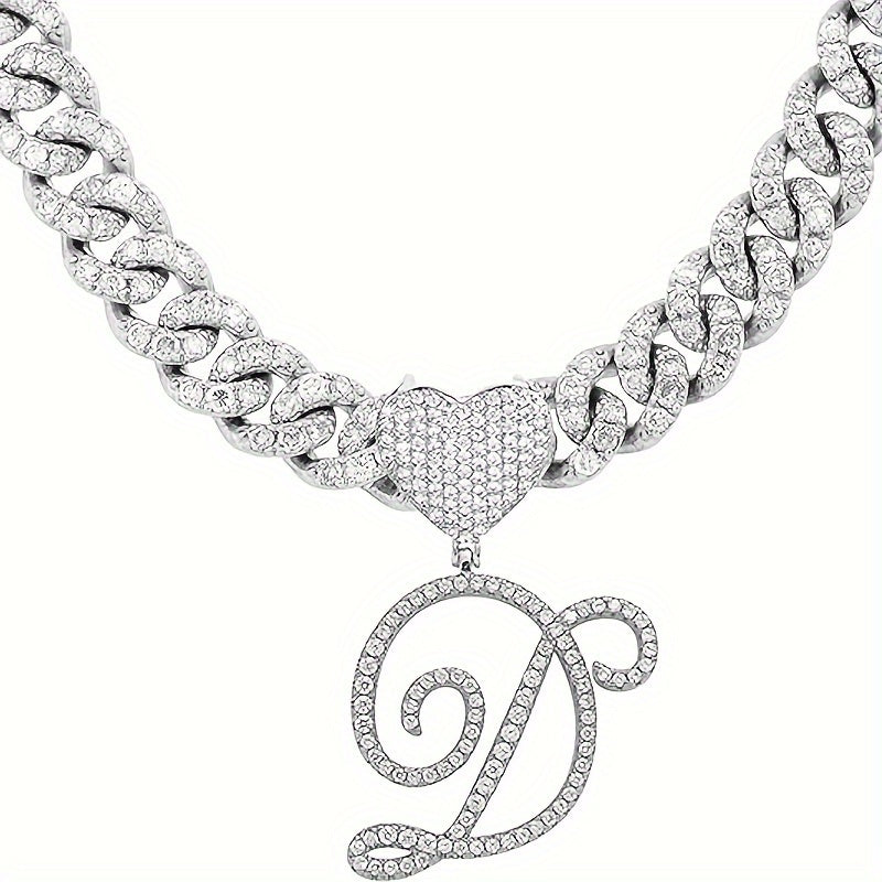 Silvery Cuban Link Necklace - Heart-shaped Alphabet Pendant on Ice Chain - Unisex Hip-hop Jewelry Gift