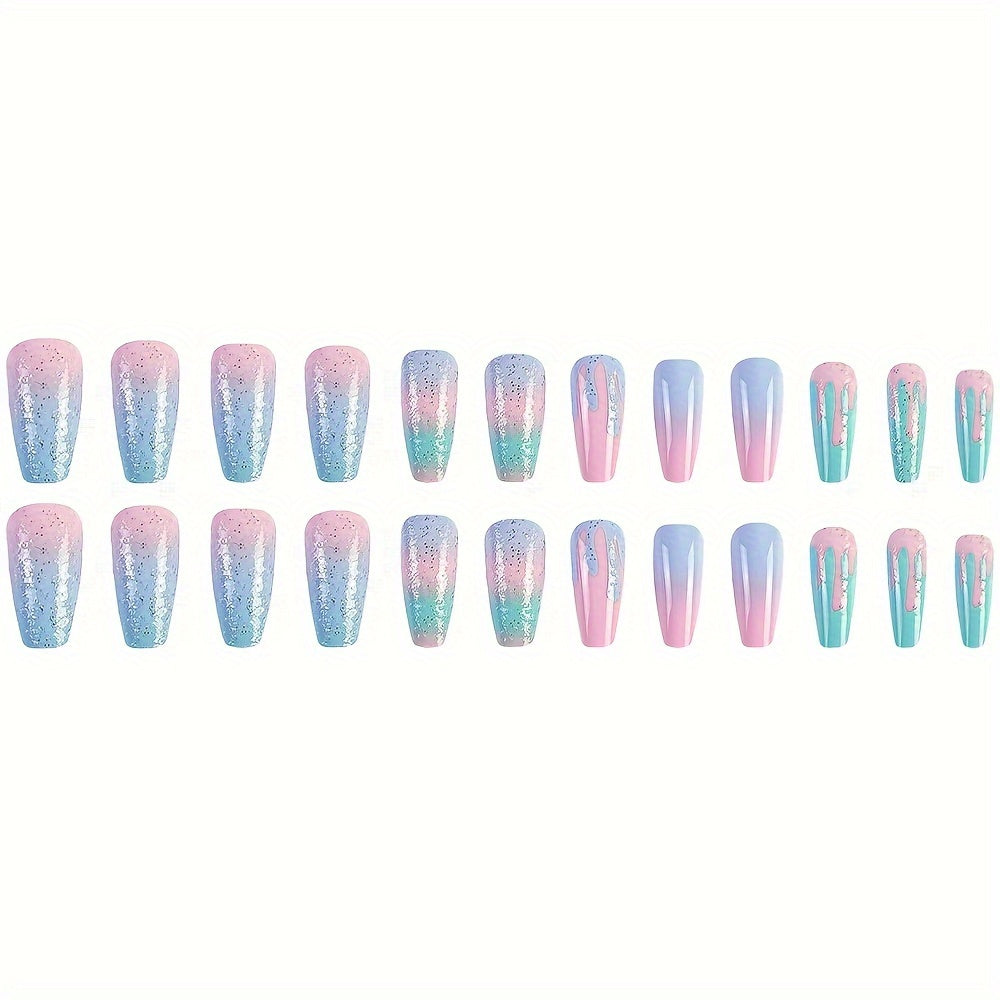 24 Pcs Medium Long Coffin Press On Nails, Pinkish Glitter Fake Nails, Glossy Artificial False Nails