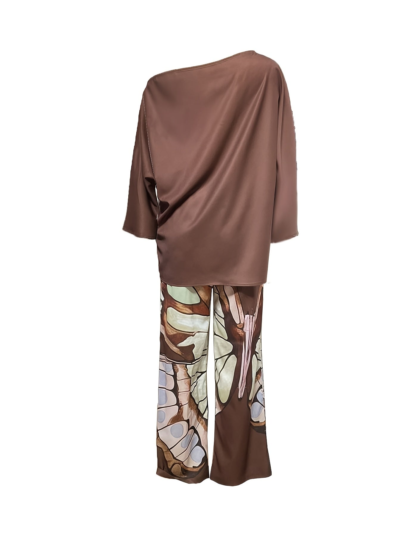 Women'S Elegant Butterfly Print Two-Piece Set, Nylon 80% Elastane 20% Asymmetrical Neck Woven Top and Pants, Spring/Fall Fashion Casual Outfit
