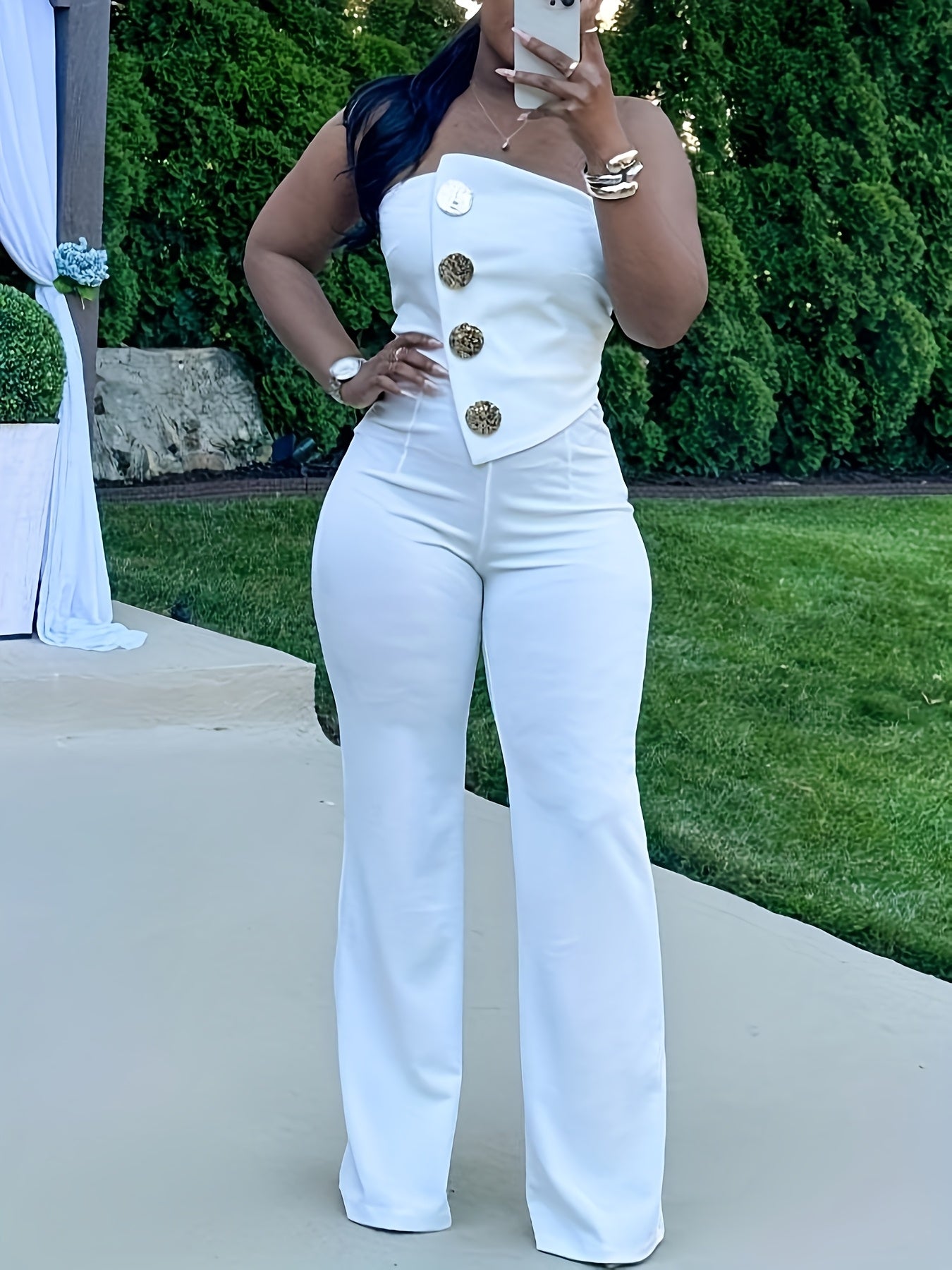 Women's Sleeveless Strapless Bodycon Jumpsuit - Stretchy High-Waisted Wide-Leg Romper with Golden-Tone Buttons, Solid White Elegant Outfit for All Seasons, Hand Wash Only, Allseason Fashion | Offshoulder Style | Sophisticated