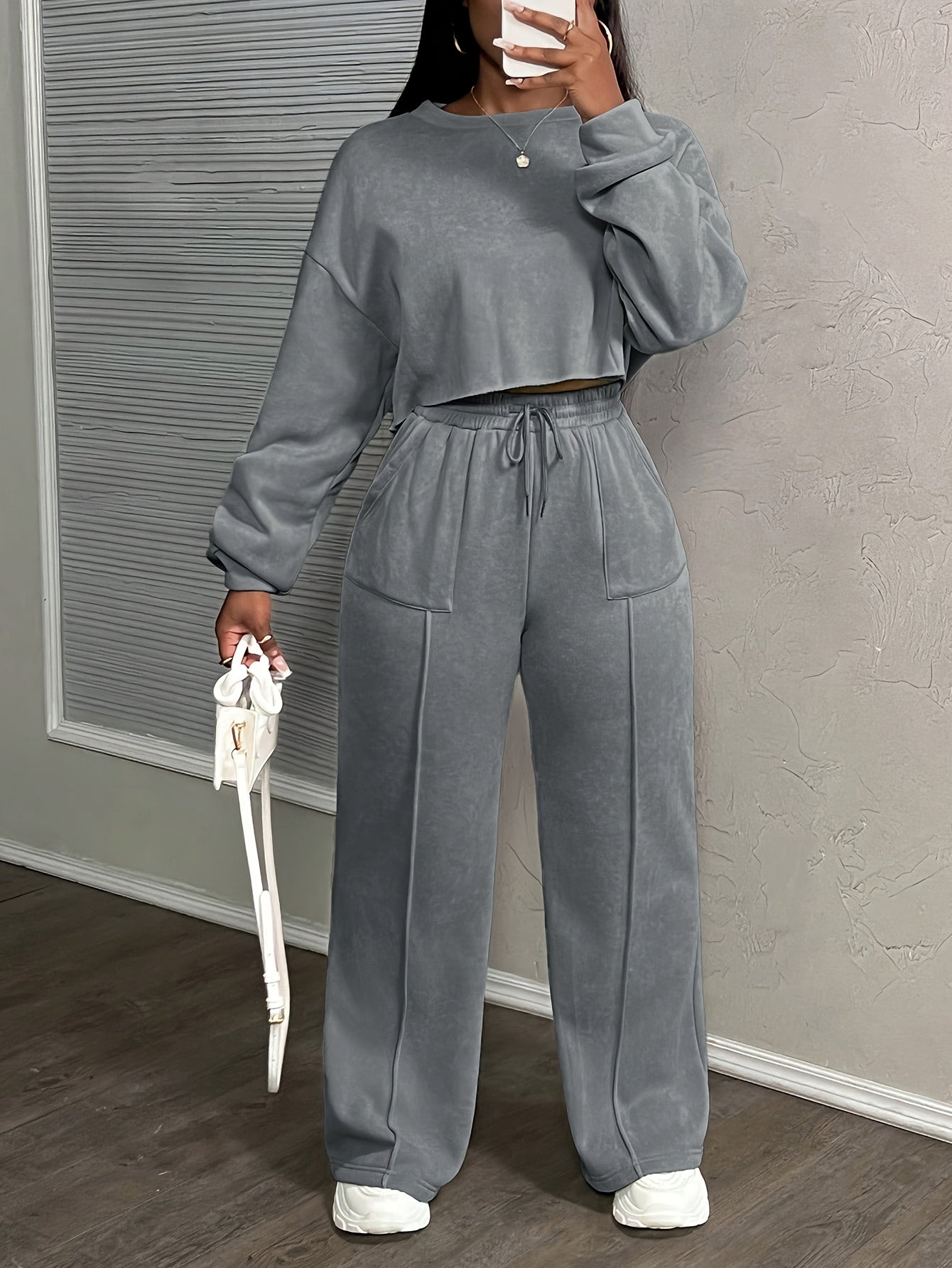 Women's Solid Color Casual Street Style Loose Pocket Drawstring Sports Suit