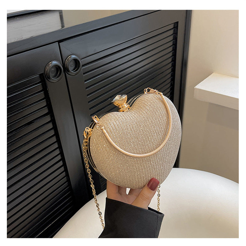 Ladies Fashion Shining Chain Crossbody Bag, Elegant Shoulder Heart Shaped, Metal Embellished, Black, with Buckle Closure, for Party, Wedding, Date