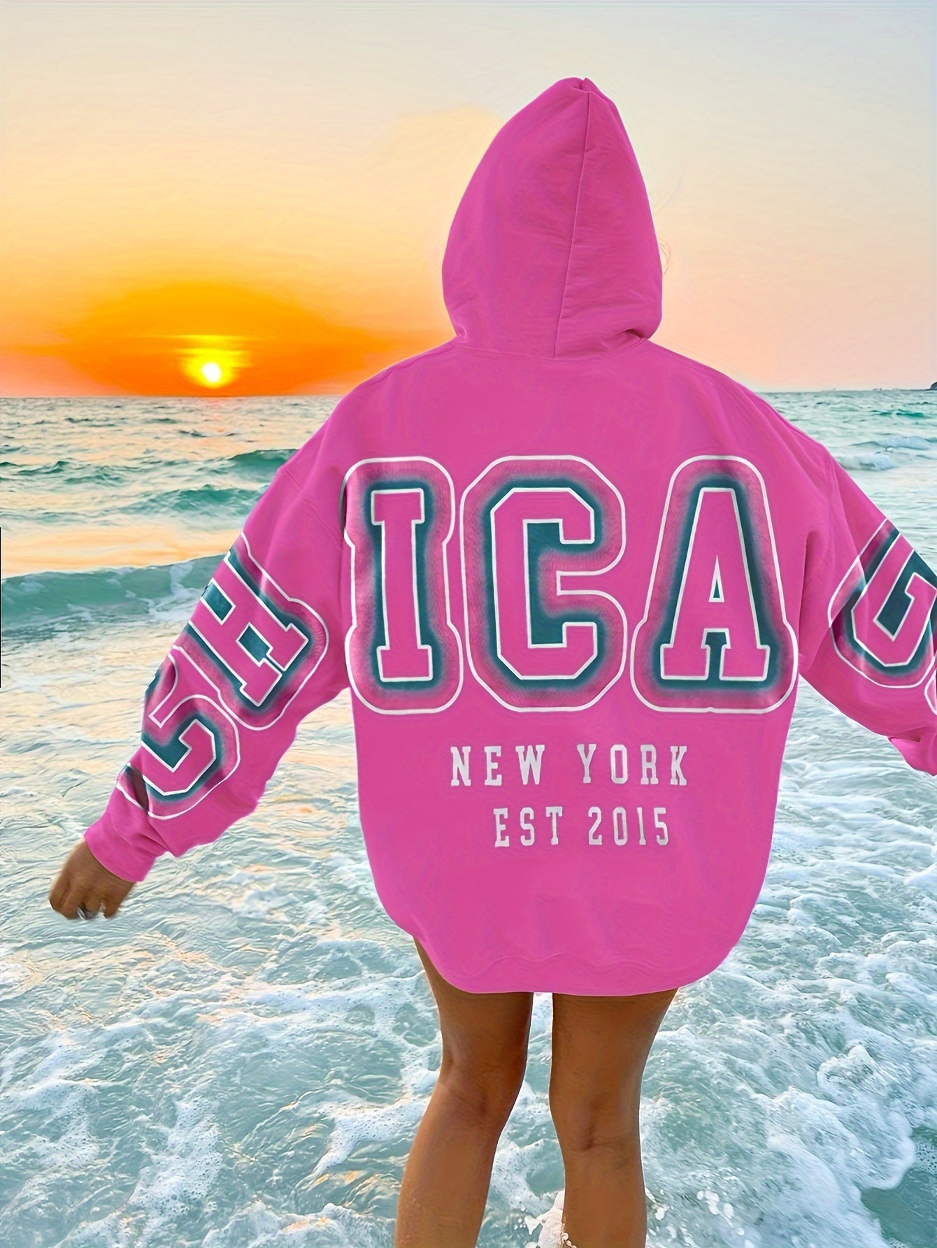 Spechir Chic Black Hoodie with Pink & White NYC Letter Design - Casual Polyester Blend, Long Sleeve, Machine Washable - Stylish Women's Fashion for Spring/Fall, Urban Fashion|Youthful Style|Knit Construction, Oversized Hoodie