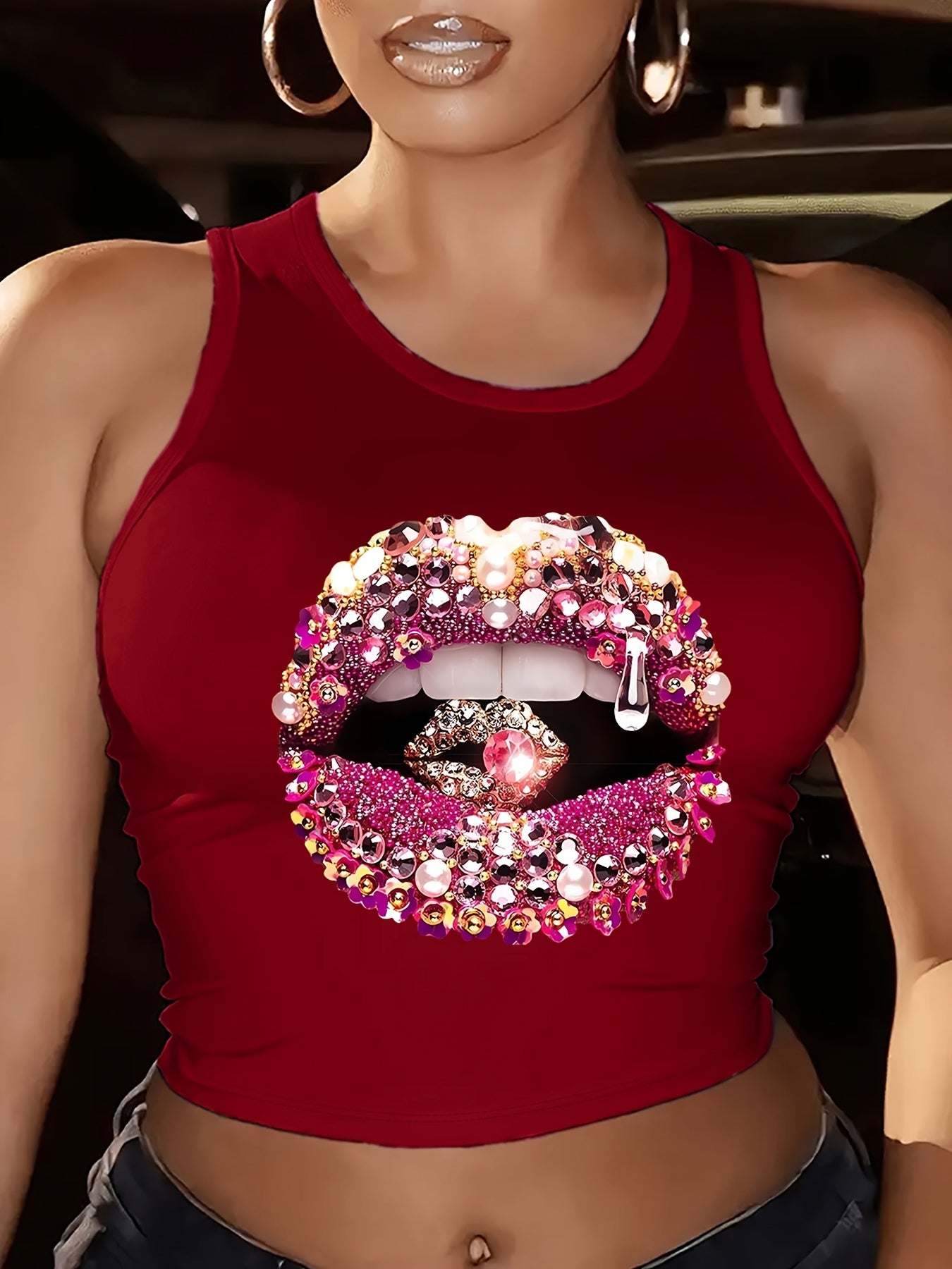 Glamorous Lip Print Tank Top with Rhinestones & Sequins - Sleeveless, Round Neck, Casual Fashion for Women, Spring/Summer Collection, Rhinestone Embellishments, Vibrant Colors, Blingy Style, Ladies Tank Tops