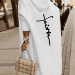 Faith Letter Print Hooded Knit Cardigan - Casual Open Front Long Sleeve Sweater Coat With Pocket - Women's Clothing - Soft & Cozy Knit Material - Perfect for Fall/Winter - Ideal Gift for Women