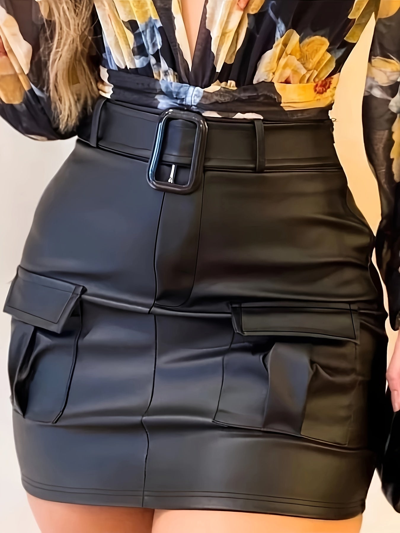 Elegant Stretchy Polyester Blend Belted Mini Skirt with Pockets for Women - Machine Washable, Comfortable, Easy Care