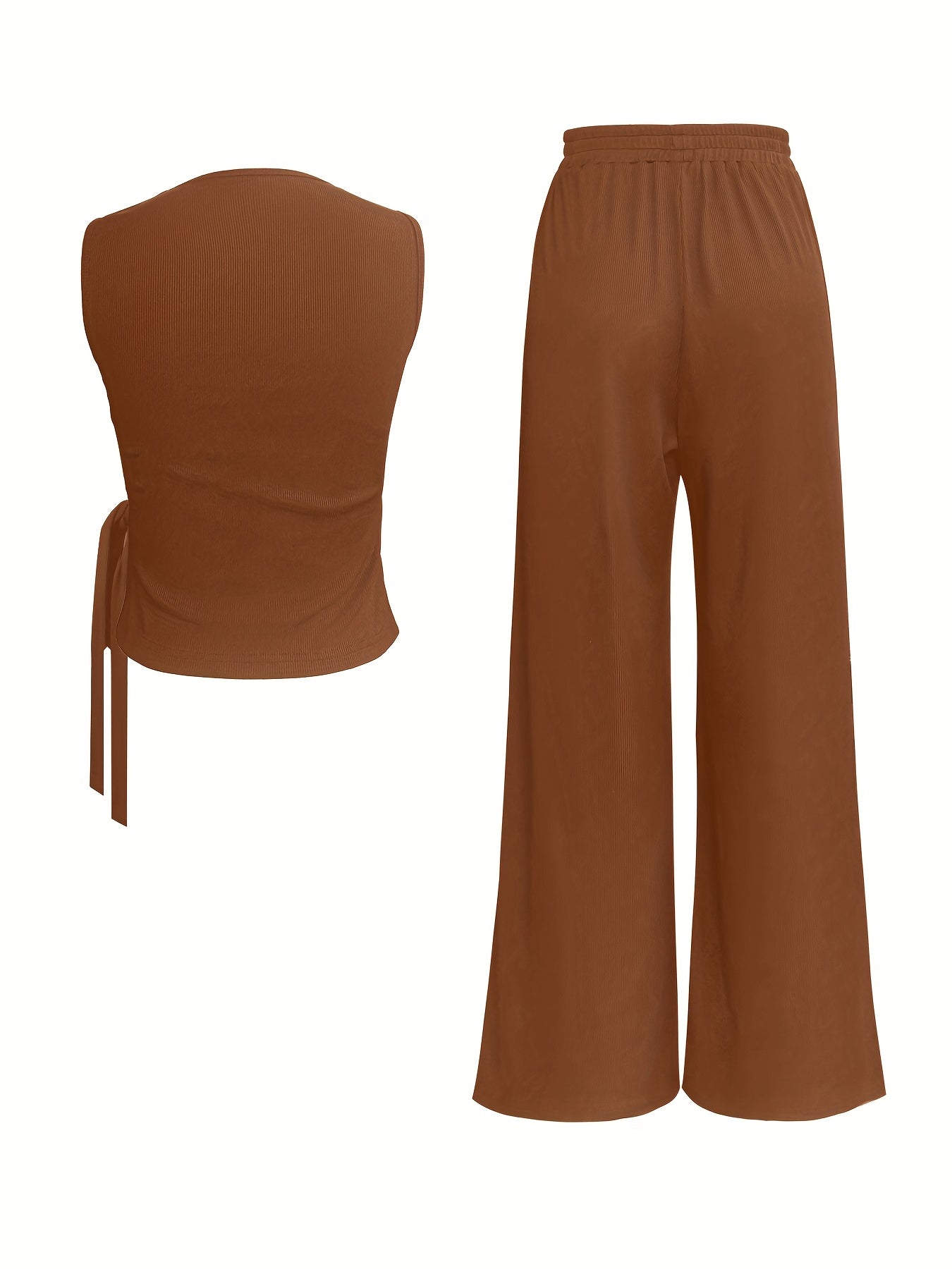 Elegant Women's Sleeveless Ribbed Top & Wide-Leg Pants Set – Bow Detail, Stretchy Knit Two-Piece Outfit for Spring/Summer