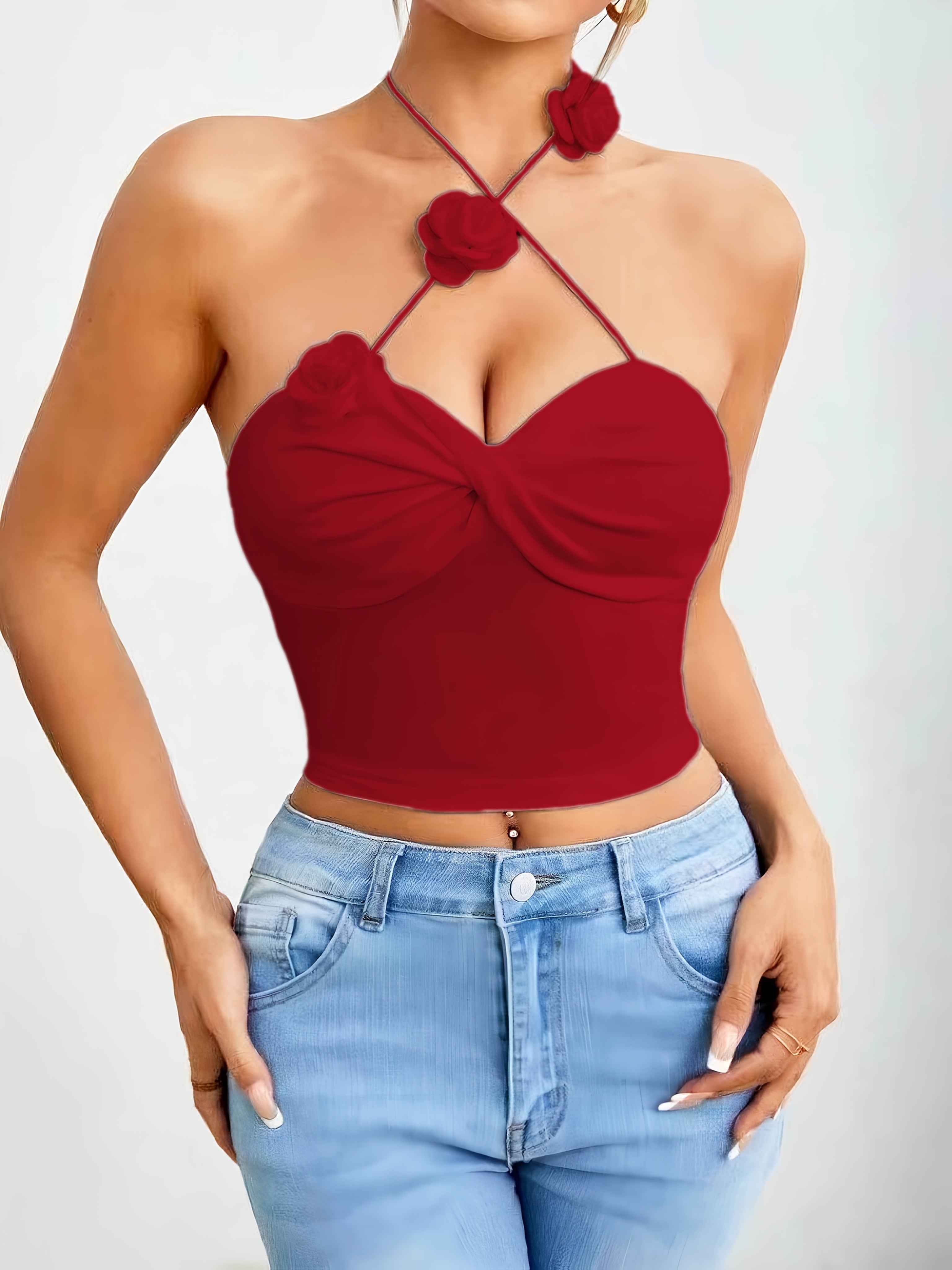 Red Floral Halter Neck Crop Top for Women - Sexy Twisted Front Detail, Cross Halter Design, Stretchy Polyester Blend, Perfect for Summer Nights Out, Cute Tops for Going Out