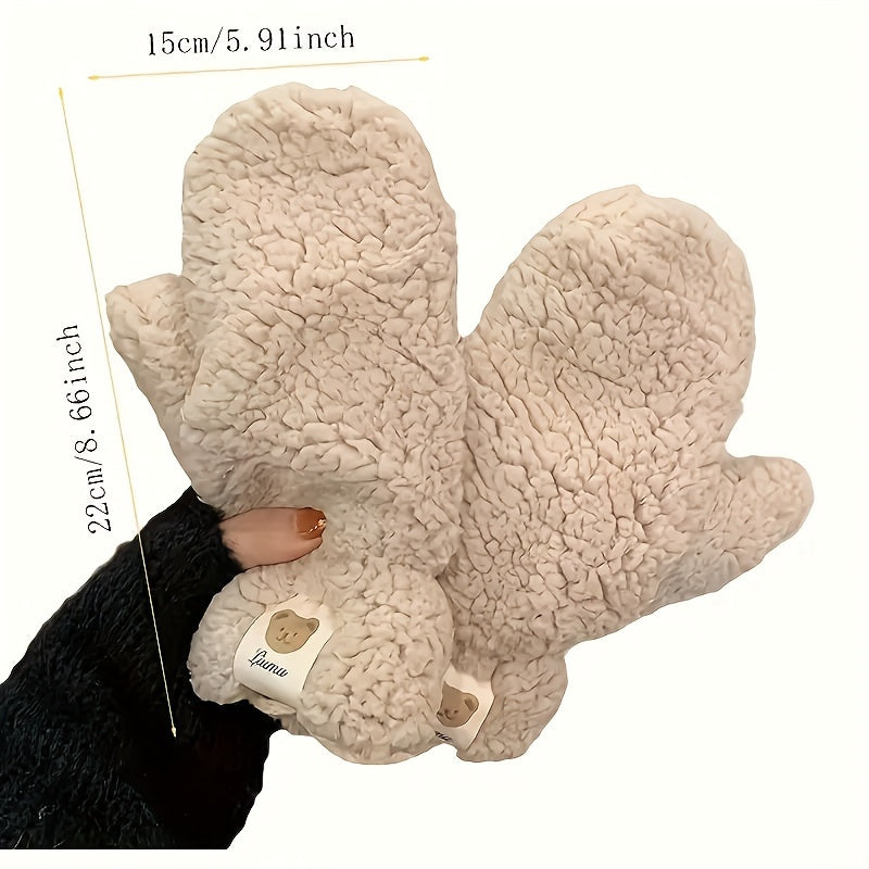 Winter Fleece Mittens with Hanging Cord, Plush Lamb Lined Warm Gloves, Windproof Thermal Thickened for Outdoor Cycling and Going Out - Hand Washable Woven Craftsmanship, Elastic Fit
