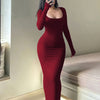 [Sexy Autumn Dress] Ultra-Long Women's Autumn Dress - Form-Fitting, A-Line Silhouette, Long Sleeves, Square Neckline, And a Sexy, Tailored Fit