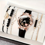 6pcs Elegant Flower Watch Rhinestone Quartz Watch Analog PU Leather Wrist Watch & Bracelets, Gifts for Women Her
