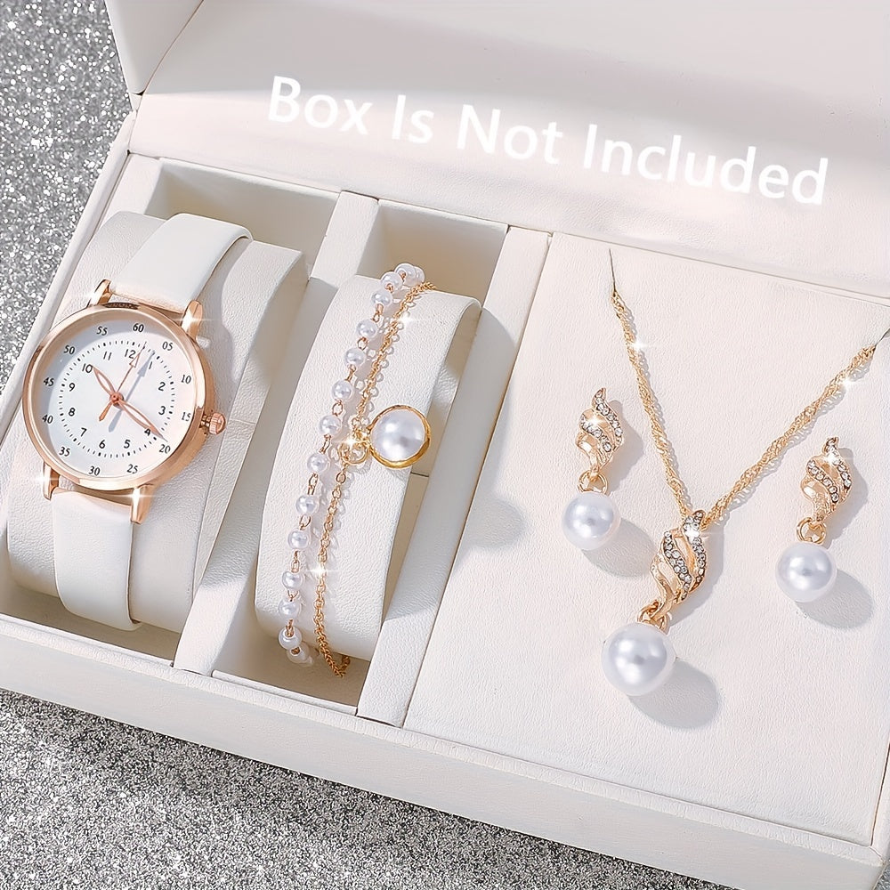 5pcs Elegant Women's Quartz Watch & Pearl Jewelry Set - Rose Golden Case, White Faux Leather Strap, Zinc Alloy - Includes Bracelets & Necklace - Perfect Gift for Valentine's, Easter, Birthdays, Christmas