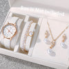 5pcs Elegant Women's Quartz Watch & Pearl Jewelry Set - Rose Golden Case, White Faux Leather Strap, Zinc Alloy - Includes Bracelets & Necklace - Perfect Gift for Valentine's, Easter, Birthdays, Christmas