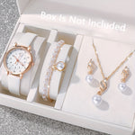 5pcs Elegant Women's Quartz Watch & Pearl Jewelry Set - Rose Golden Case, White Faux Leather Strap, Zinc Alloy - Includes Bracelets & Necklace - Perfect Gift for Valentine's, Easter, Birthdays, Christmas