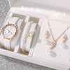 5pcs Elegant Women's Quartz Watch & Pearl Jewelry Set - Rose Golden Case, White Faux Leather Strap, Zinc Alloy - Includes Bracelets & Necklace - Perfect Gift for Valentine's, Easter, Birthdays, Christmas