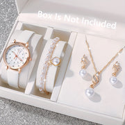 5pcs Elegant Women's Quartz Watch & Pearl Jewelry Set - Rose Golden Case, White Faux Leather Strap, Zinc Alloy - Includes Bracelets & Necklace - Perfect Gift for Valentine's, Easter, Birthdays, Christmas