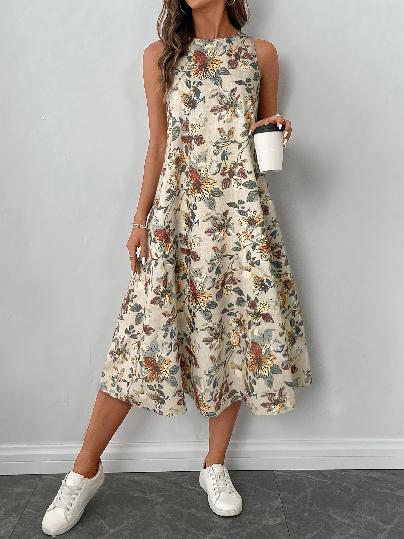 Women'S Floral Print Sleeveless A-Line Midi Dress - Casual Elegant Vacation Dress with Round Neck, White Sneakers, Brown Shoulder Bag, Perfect for Adult, Casual Attire|Floral Print Dress|Sleeveless Dress