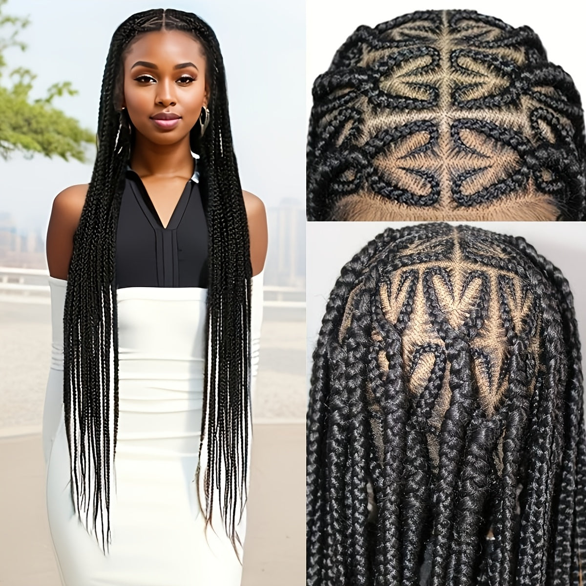 Heat Resistant Full Lace Grooved Heart Knotless Cornrow Braid Wig - 200% Density Straight Synthetic Hair for, Sporty Style & All Ethnicities, Protective Hairstyles | Highquality Synthetic