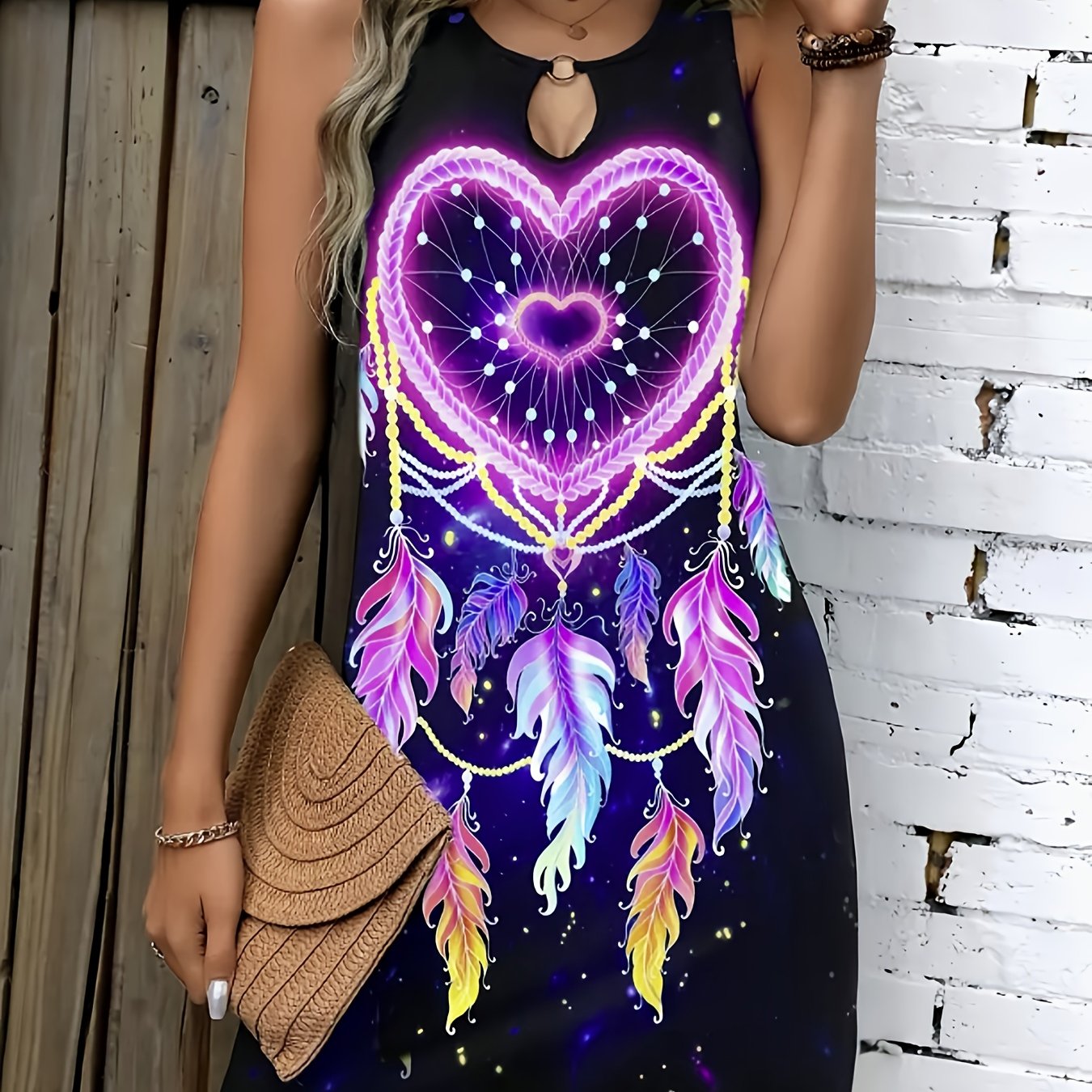 Bohemian Midi Dress for Women, Colorful Print with Dreamcatcher and Ring Accents, Sleeveless Crew Neck, Polyester Knit Fabric, Regular Fit, Spring/Summer/Fall Collection