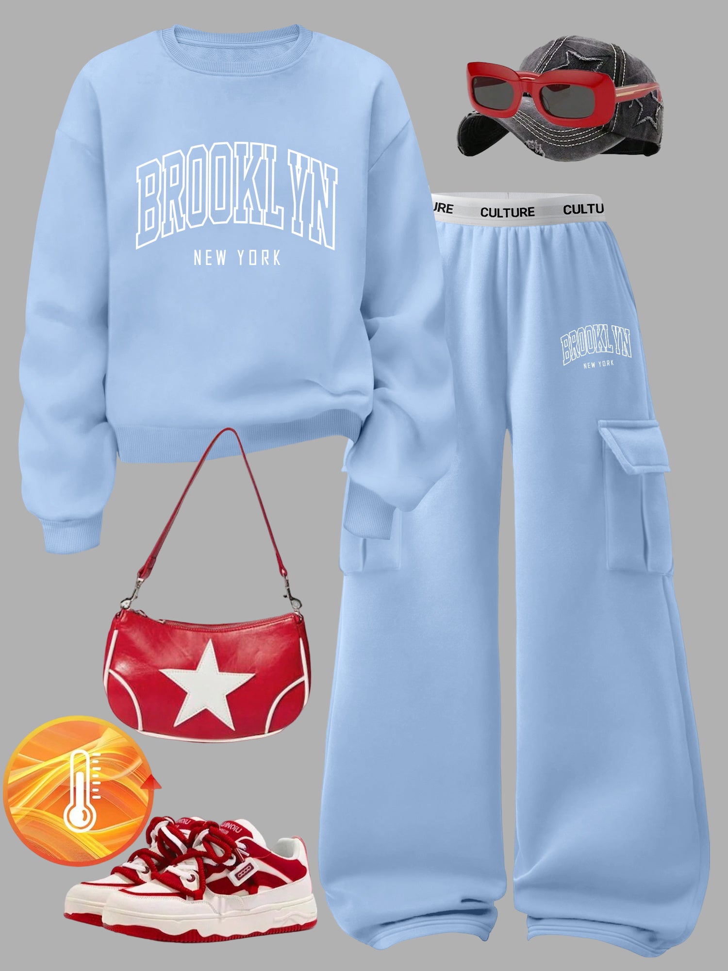 Women's Brooklyn New York Letter Print Sweatshirt Set - Casual Gray Long Sleeve Crewneck & Black Cargo Pants with Pockets, Polyester Blend, Perfect for Fall/Winter