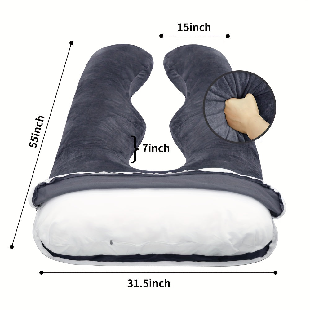 62 Inch J-Shaped Body Pillow with Removable Velvet Cover - Machine Washable Medium-Soft Support Pillow for Full-Body Comfort, White Home & Bedroom Essential, Pillows for Sleeping