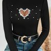 Trendy Women's Black Knit Sweater with Sparkling Heart – Lightweight Viscose Blend Top, Round Neck Long Sleeve, Chic Casual Pullover for Spring/Summer