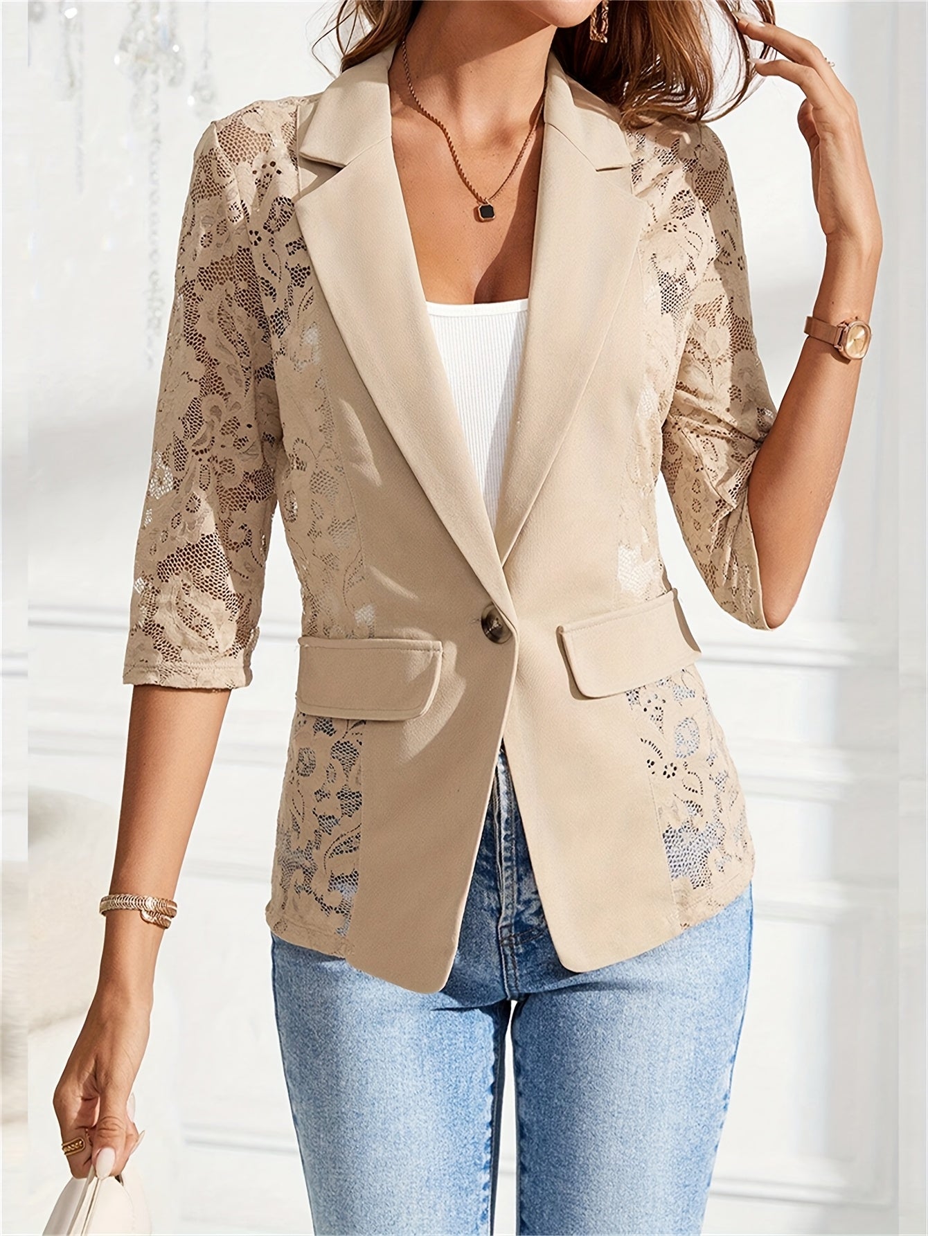 Elegant Single Breasted Lapel Guipure Lace Long Sleeve Blazer for Women - Work & Office Wear