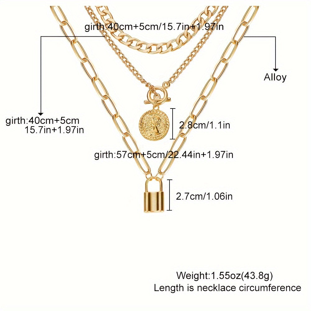 3pcs Vintage Golden Coin Pendant Necklace Set, Simple Alloy Cuban Chain, Women'S Fashion Jewelry for Banquet and Music Festival, Versatile Layering Accessory - All Seasons Compatible
