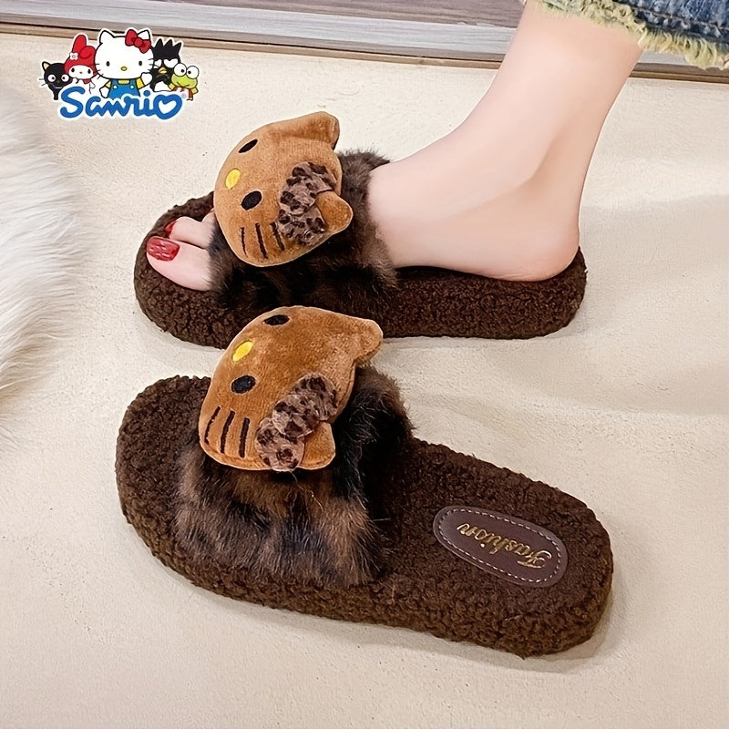 Cozy Hello Kitty Plush Leopard Print Slippers - Non-Slip Soft Sole, Lightweight & Washable, Perfect for Home & Camping, Cute Cartoon Design with Fluffy White Trim, Cozy Indoor Shoes | Playful Bedroom Shoes | PVC Sole Slippers