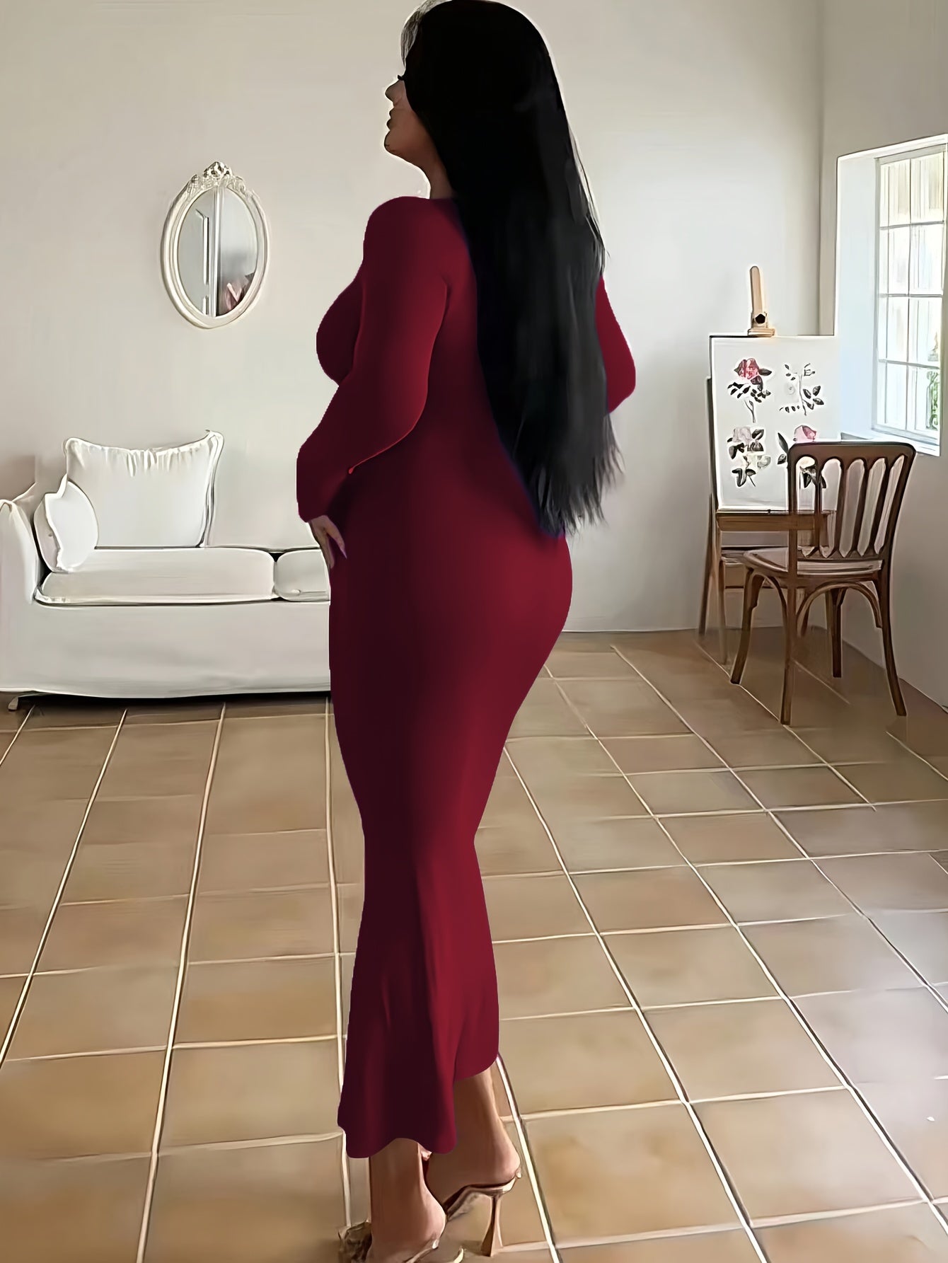 [Sexy Autumn Dress] Ultra-Long Women's Autumn Dress - Form-Fitting, A-Line Silhouette, Long Sleeves, Square Neckline, And a Sexy, Tailored Fit